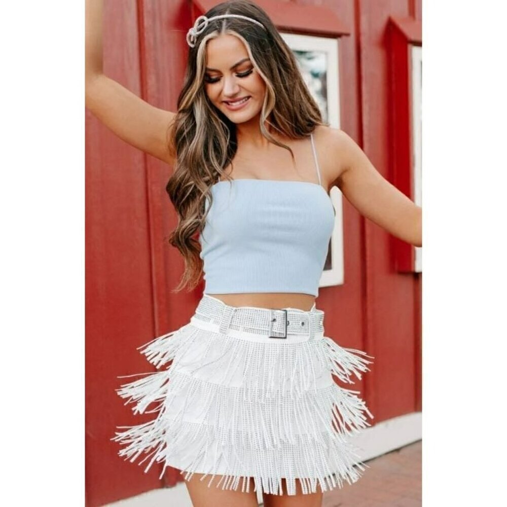 *PLUS ONLY* Spotlight Stealer Rhinestone Fringe Mini Skort Off White - Picture 2 of 10